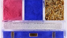 Ex-voto dedicated to Santa Rita of Cascia by Yves Klein, 1961 Dry pigment, gold leaves, gold bars and manuscript in a plexiglas box, 14 x 21 x 3.2 cm © Yves Klein / ADAGP, Paris, 2014