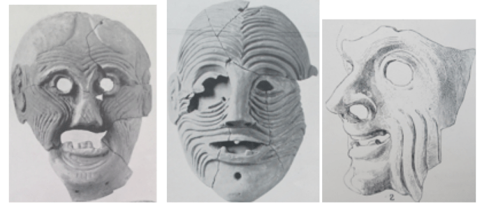 Left: Grotesque mask, termed ‘Old Woman’ by Dickins (1929: pl.47). Centre: Grotesque mask, termed ‘Caricature’ by Dickins (1929: pl.61). Right: Drawing representation of grotesque mask, termed ‘Portrait’ by Dickins (1929: pl.55).