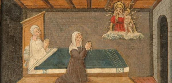 Woman with a rosary supplicates the Madonna of Lonigo on behalf of a sick woman, 1510 Madonna dei Miracoli, Museo degli ex voto, Lonigo