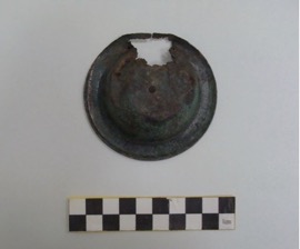 Figure 2: a bronze inscribed cymbal, 6th-5th century BC, for Artemis Limnatis. Archaeological Museum of Messenia, M39. Photo by S. Koursoumis.