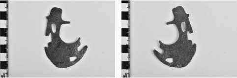 Figure 3a-b; Figure 3c-d: thin bronze plaque in the shape of a miniature phorminx or lyre from Athena Alea’s sanctuary in Tegea: surface and backside (Archaeological Museum of Tegea, no. 789 and 790; © Hellenic Ministry of Culture and Sports/Ephorate of Antiquities of Arcadia).