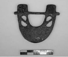 Figure 6: a thin bronze plaque in the shape of a miniaturized phorminx from the sanctuary of Artemis Knakeatis in Mavriki (Arcaheological Museum of Tegea, no. 78. © Hellenic Ministry of Culture and Sports/Ephorate of Antiquities of Arcadia).