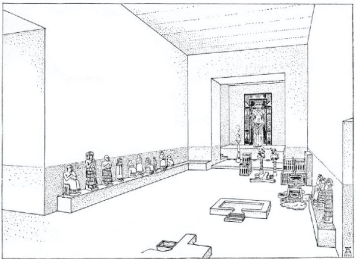 Figure 2. Modern reconstruction of how the votive statues would have been placed at the temple of Ishtar in Assur. Image taken from Andrae 1922, fig. 11a 