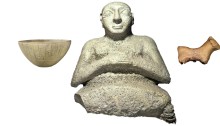 Figure 4. Votive objects (to scale) dated to the Early Dynastic period (2900-2350BCE). Left to right: Votive calcite bowl from Nippur, 2600-2350 BCE (MMA 59.41.11, Metropolitan Museum of Art, CC0 1.0 Universal); Stone votive statue from Tell al’ Ubaid of an individual named Kurlil, 2600-2500 BCE (BM 114207, courtesy of the British Museum); Votive clay figurine of a sheep from Ur, 2600-2350 BCE (B17201, Courtesy of the Penn Museum)