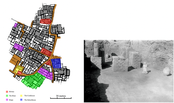 Figure 3. Left: Plan of Area AH at Ur during the Old Babylonian period (beginning of the 2nd mill. BCE), copyright Odyssey Adventures in Archaeology Right: Old Babylonian No. 1 Church Lane (known as AH House 3 or the Hendursag Chapel). This is the best preserved of the local chapels in the area AH at Ur. This field photograph shows the courtyard of that chapel with a statue in place and in the background, the sanctuary area, also with another statue in place. Courtesy of the British Museum. Taken after Hafford 2019, Fig. 7.9. 