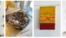 A series of four artworks from the exhibition. From left to right: a painting of a Cupid holding a heart, an octopus-like sculpture in an interior, a tapestry showing a schematic red flower on a yellow background, and a wall-mounted shape with a fantastical sea creature on a turquoise background.